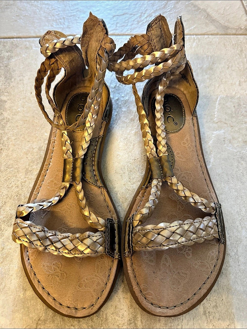 b.o.c. Gold Braided Gladiator Back Zipper Sandals.